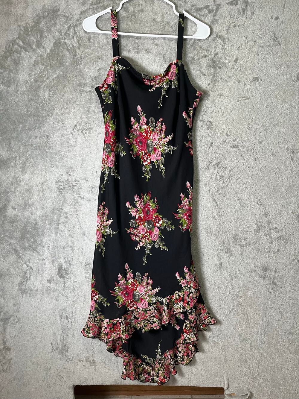 Vintage Y2K Black Floral Slip Dress Ruffle Hem Cottagecore Fairy Grunge Size S